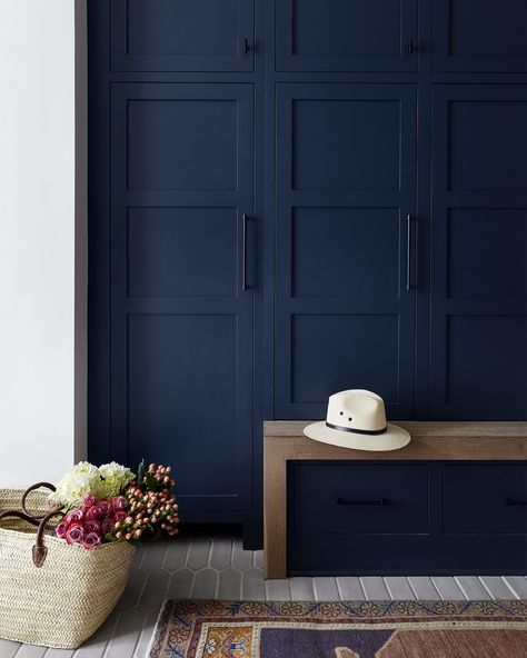 Navy Wardrobe Doors, Navy Blue Wardrobe Bedroom, Navy Wardrobe Bedroom, Wardrobe Door Designs Laminate, Family Mudroom, Ikea Built In Wardrobes, Grey Cement Tile, Benjamin Moore Hale Navy, Modern Mudroom