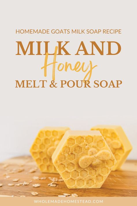 Make your shower routine more luxurious with a bar of homemade milk and honey soap. This easy DIY soap is made without handling lye and is perfect for beginner soap makers. Made with goats milk, honey, kefir, turmeric and plenty of skin soothing essential oils. This rich creamy soap is fun for all ages to create and makes a unique gift. Honey Soap Diy, Honey Soap Recipe, Making Lotion, Milk And Honey Soap, Goat Milk Soap Recipe, Diy Home Products, Homemade Goat Milk Soap, Homemade Milk, Yard Crafts