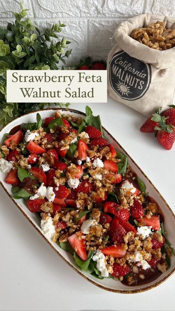 Guntas Sethi on Instagram: "✨ Strawberry Walnut Salad ✨ There’s always hype about Strawberry and Cream but you need to try this Strawberry Walnut Salad to know what heaven tastes like! 😚💖 The tanginess from fresh Strawberries mixed with the creaminess of the salty Feta Cheese balanced with the crunch from @californiawalnutsindia - you just can’t go wrong with it!x Recipe: 1. Wash and slice 2 cups strawberries into fours. Wash and dry 6 cups mix of baby spinach and arugula. 2. In a small sauc Strawberry Crunch Salad, Strawberry Walnut Salad, Strawberry Feta, Strawberry Honey, Honey Vinaigrette, Strawberry And Cream, Strawberry Compote, Walnut Salad, Strawberry Salad