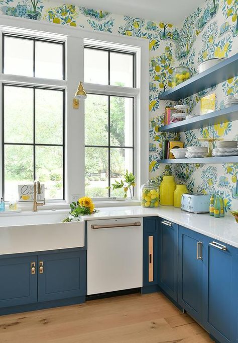 Blue Kitchen Designs, Blue Shelves, Citrus Garden, Lemon Kitchen, Butlers Pantry, Yellow Kitchen, Transitional Kitchen, Blue Kitchen, Kitchen Color