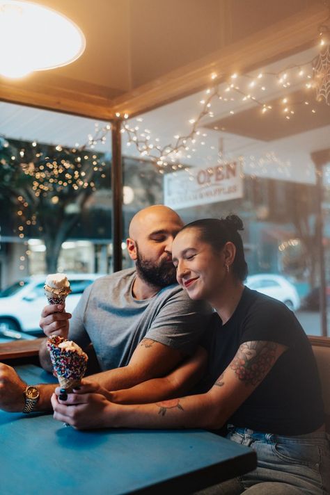 Couples Ice Cream, Eating Photoshoot, Ice Cream Date Night, Baby Announcement Pics, Coastal Couple, Date Night Photoshoot, Ice Cream Photoshoot, Cream Photoshoot, Married Photos