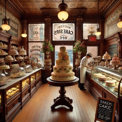 Small Store Interior, Bakery Floor Plan, Old Bakery Aesthetic, Bakery Facade, Gelato Design, Library Romance, Magical Bookstore, Luxury Sweets, Magnolia Promenade