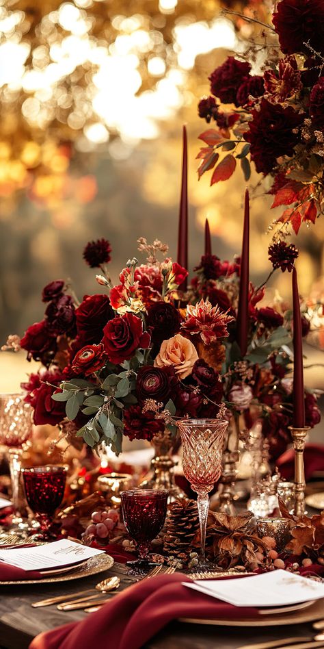 Fall Wedding Table Decorations: Elegant Settings - Quiet Minimal Table Sets For Wedding, Dark Regal Wedding, Burgundy Fall Tablescape, Elegant Fall Dinner Party Decor, Big Wedding Decor, Cranberry Wedding Decor, Red Thanksgiving Table, Black Burgundy Ivory And Gold Wedding, Dark Wedding Theme Table Settings