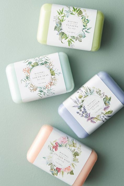 Mothers day gifts: Four assorted soap bars in Verbena (light green color), South Seas (pale turquoise color), Lavender (lavender color), and Lychee Rose (blush pink color) scents Bar Soap Packaging, Handmade Soap Packaging, Soap Packaging Design, Soap Packing, Sugar Scrub Diy, Soap Labels, Classic Bar, Soap Ideas, Homemade Soap Recipes