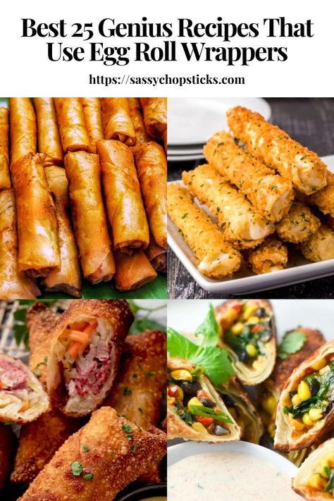 Egg roll wrappers are an ingredient that opens up tons of possibilities. Here is a collection of recipes that use egg roll wrappers. Vegetarian Egg Roll Recipes, Leftover Egg Roll Wrappers, Egg Roll Ideas Dinners, Recipes Using Egg Roll Wraps, Egg Wrapper Recipes, Egg Roll Party Display, Different Spring Roll Recipes, Puff Pastry Egg Rolls, Egg Roll Wrapper Uses