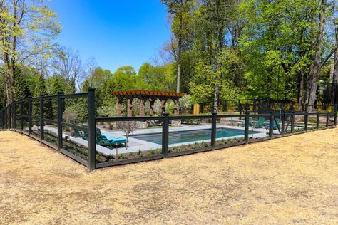 15 Pool Fence Ideas to Make Your Backyard a Great Escape - Garon Fence Rural Pool Fencing, Pool Fence Design Ideas, Hog Wire Fence Around Pool, In Ground Pool Fence Ideas, Backyard Pool With Fence, Fence Around Pool Ideas, Gated Pool Backyards, Diy Pool Fence Ideas Cheap, Cheap Pool Fence Ideas