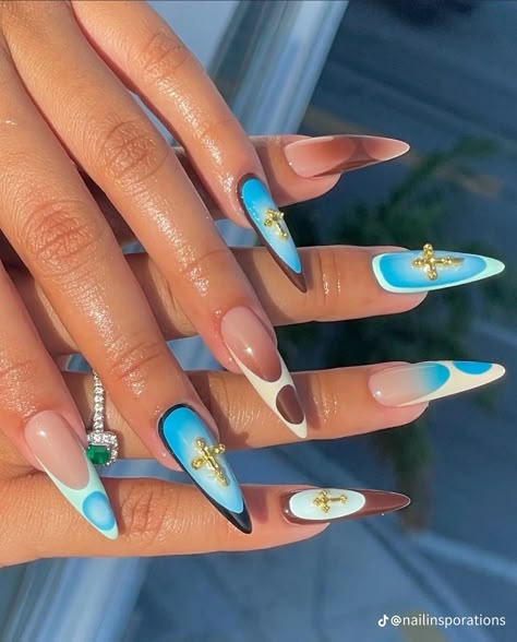 Summer Stiletto Nails, Blue Stiletto Nails, Nail Sunny, Small Nails, Spring Acrylic Nails, Hippie Nails, Acrylic Nails Ideas, Airbrush Nails, 2024 Nails