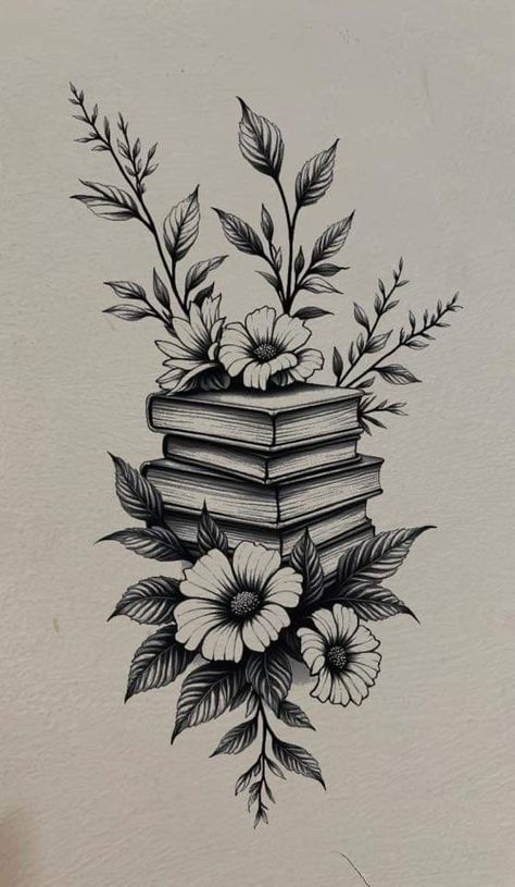 Old Books Tattoo, Stack Of Book Tattoo Ideas, Book And Feather Tattoo, Books Stacked Tattoo, Evenstar Tattoo With Flowers, Read Tattoo Ideas, Fairy With Books Tattoo, Floral Acotar Tattoo, Book Readers Tattoos