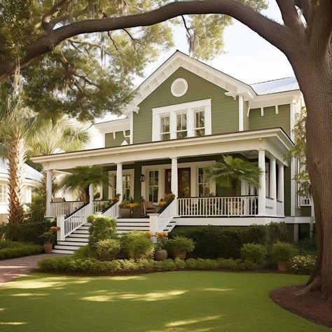 Craftsman Home Exterior Makeover, Green House Exterior White Trim, Dark Green Exterior House, Dark Green Exterior House Colors, House Color Ideas, Dark Green Exterior, Green Exterior House, Green Exterior Paints, Farmhouse Accent Chair