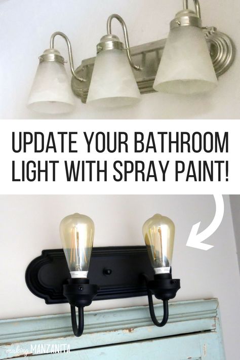 How to give your builder grade vanity light farmhouse style for just $20 | Builders grade vanity light | Updating old bathroom lights | Update your bathroom light with spray paint | Builder's grade vanity light makeover | Quick and easy vanity light update | DIY Bathroom Vanity light | Farmhouse style bathroom light | Farmhouse bathroom | You don't need a new light, you can update your boring builder grade vanity light with spray paint! Farmhouse Bathroom Lighting, Lighting Makeover, Farmhouse Style Lighting, Old Bathrooms, Diy Bathroom Vanity, Old Bathroom, Bathroom Farmhouse Style, Builder Grade, Diy Vanity