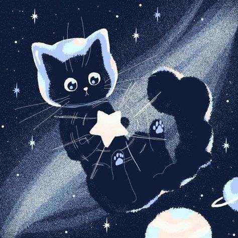 Space Cat Aesthetic, Black White And Blue Aesthetic, Space Cat Drawing, Galaxy Pfp, Space Cat Art, Space Pfp, Galaxy Drawing, Cat In Space, Cats In Space