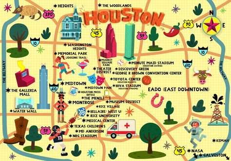 Whimsical map of Houston for The Houston Press at the time of the Super Bowl. Whimsical Map, Houston Map, Office Marketing, Map Sketch, Toyota Center, Texas Baby, Green Illustration, Texas Vacations, Theater District