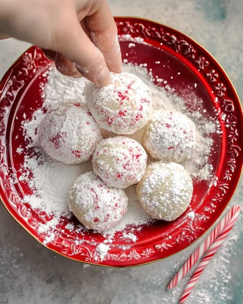 Peppermint Snowball Cookies Peppermint Snowballs Cookies, Snowball Cookies No Nuts Recipe, Nut Free Snowball Cookies, Peppermint Snowball Cookies Recipe, Cinnamon Snowball Cookies, Peppermint Snowball Cookies, Peppermint Cookie Balls, Gingerbread Snowball Cookies, Snowball Cookies Recipe Christmas