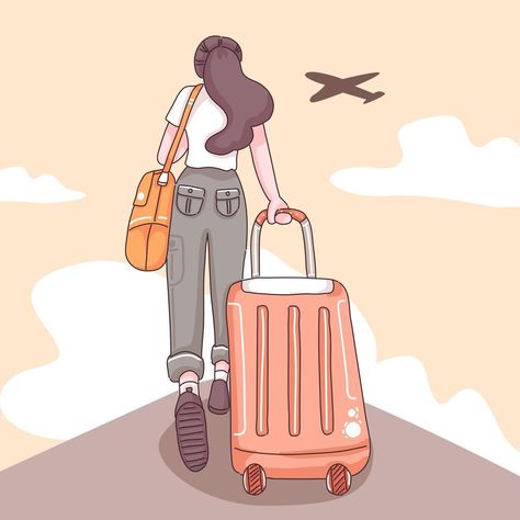 Teenager traveler cartoon character vector Travelling Illustration Art, Travel Drawing Aesthetic, Travel For Vision Board, Girl Travel Drawing, Traveling Animation, Travel Cartoon Illustration, Traveling Drawings, Tourist Drawing, Travel Painting Ideas