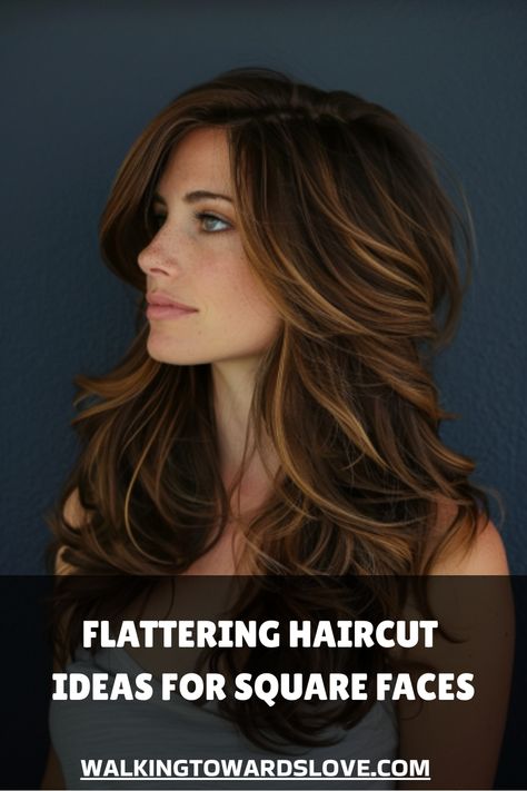 Woman with long, wavy brown hair and highlights, gazing to the side, with text "Flattering Haircut Ideas for Square Faces". Medium Length Hair With Layers Square Face, Haircut Ideas Women Medium, Medium Length Haircuts For Square Faces, Layered Hair For Square Faces, Mid Length Hair Square Face, Squared Face Haircuts, Long Hair For Square Face Shape, Medium Length Haircut Square Face, Square Face Hairstyles Long