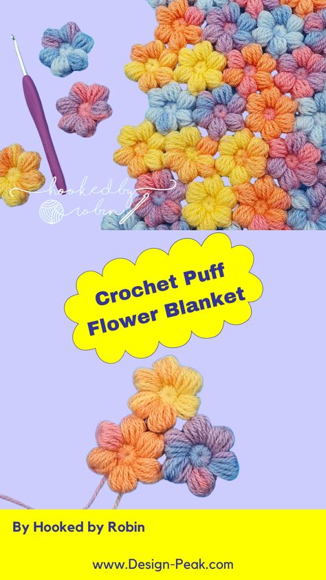 Crochet and Join Puff Flowers Into Blanket – Tutorials & More How To Connect Crochet Puff Flowers, Easy Crochet Flower Blanket, Puff Flower Crochet Pattern, Flower Blanket Crochet, Flower Crochet Blanket, Flower Pillow Pattern, Bubble Flowers, Baby Cocoon Pattern, Knitting Quilt