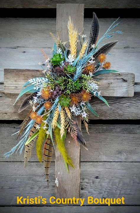 Native American Floral Arrangements, Cowboy Casket Spray, Rustic Casket Sprays For Men, Casket Sprays For Men Farmer, Pheasant Feather Floral Arrangements, Arch Flowers, Arrangement Ideas, Ffa, Precious Memories