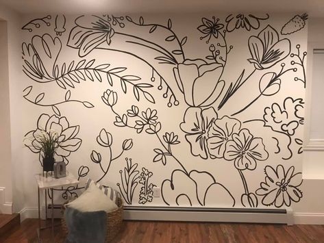 Flower Mural Wall Paintings Purple, Hand Drawn Mural, Wildflower Wall Mural Diy, Line Drawing Wall Mural, Flower Accent Wall Bedroom, Floral Line Art Wall Mural, Doodle Wall Mural, Hand Drawn Wall Art, Flower Accent Walls