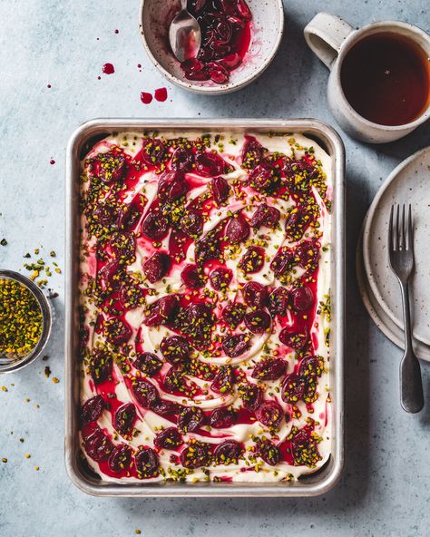 Pistachio and Cherry Sheet Cake — The Boy Who Bakes Cherry Sheet Cake, The Boy Who Bakes, Edd Kimber, Cherry Topping, Cherry Compote, Sheet Cake Recipes, Cheese Flavor, Ground Almonds, Cherry Flavor