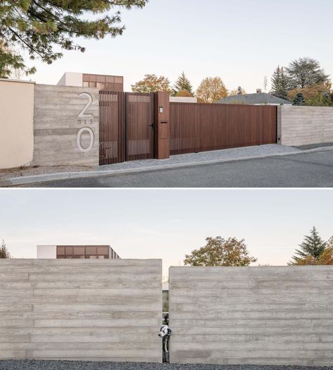 Board Formed Concrete, Hidden Lighting, House Fence, House Fence Design, Modern Gate, Backyard Views, Modern Fence Design, Exterior Wall Tiles, Boundary Wall