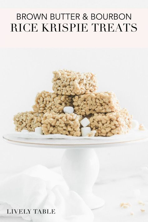 These easy 4-ingredient brown butter bourbon rice krispie treats (aka rice whiskey treats) take your favorite childhood treat and upgrade them with brown butter, a splash of bourbon, and sea salt. You'll love this fun fall dessert that's made in just 10 minutes! (#nutfree) #dessert #fall #bourbon #brownbutter #nobake #easy #whiskey #ricekrispietreats Brown Butter Bourbon, Treats Business, Butter Bourbon, Fun Fall Desserts, Sprout Salad, Marshmallow Treats, Butter Rice, Rice Krispie Treats, Fall Dessert