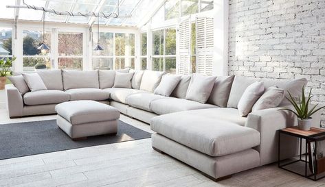 The Kingston range is a soft, deep and attractive sofa that can be customised to fit your desired space. Sink into the luxurious feather filled back cushions and put your feet up on the extra wide chaise unit for the kind of relaxation you can only dream of. Choose from one of our family friendly cotton linens or stain resistant velvet's in an array of colours to suit your style and home. Don't want feathers? Opt for fibre filled cushions at no extra cost. U Shaped Couches Living Room, U Shape Sofa Uk, Extra Large Corner Sofa, Extra Large Sofa, U Shaped Sofa Uk, U Shape Living Room, Large L Shaped Sofa, C Shape Sofa, U Shape Couch