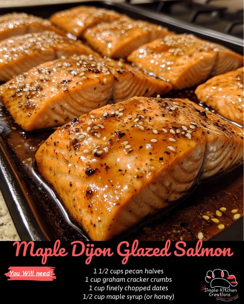 Indulge in the perfect balance of sweet and savory with this Maple Dijon Glazed Salmon recipe. The combination of maple syrup and Dijon mustard creates a delicious glaze for tender and flaky salmon. Serve this dish with your favorite side dishes for a meal that is both elegant and easy to make. Find the full recipe on our Pinterest board! #salmonrecipes #mapledijon #seafoodlover #easydinnerideas Salmon Recipes Baked Mustard, Mustard Maple Salmon, Salmon Maple Glaze, Kokanee Salmon Recipes, Salmon Dijon Mustard Recipes, Maple Glaze Salmon, Mustard Salmon Recipes, Glazed Salmon Recipes, Glaze For Salmon