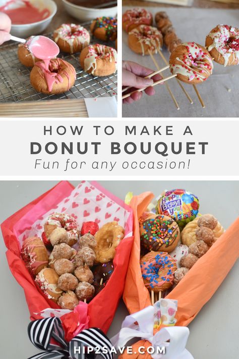 Skip the flowers and make your loved one a yummy donut bouquet instead! Follow these simple directions for this fun to make food craft. #diy #fooddiy #craft #valentines #gift #diygift #giftidea #donuts #donutbouquet #valentinesgift #desserts #foodbouquet Treat Bouquet Gift Ideas, Donut Floral Arrangement, Donuts Bouquet How To Make, Flower Donut Ideas, Cookie Bouquet Ideas Diy, Donut Bouquet Diy, Donut Bouquet Ideas, Donut Packaging Ideas Diy, Food Bouquet Ideas