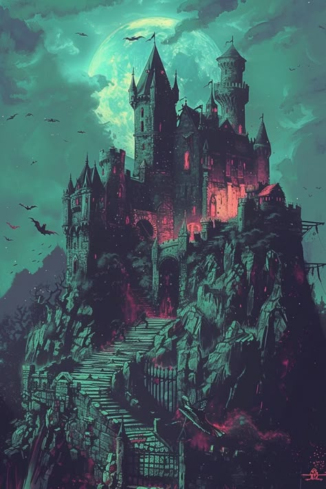 Castle Ravenloft Art, Dark Castle Drawing, Vampire Castle Art, Vampire Castle Aesthetic, Ravenloft Art, Gothic Castle Art, Spooky Castle Illustration, Castlevania Castle, Dnd Ravenloft