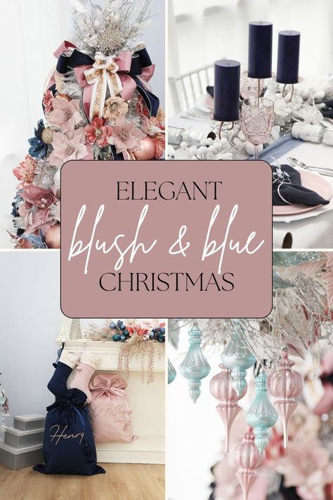 Get inspired with these beautiful and festive Christmas decorations in a navy blue and blush pink colour palette, with touches of rose gold throughout! Perfect for a sophisticated holiday decor style. 😍 Christmas Tree Hacks, Glamorous Christmas Tree, Pink Colour Palette, Joy Decorations, Tree Decoration Ideas, Feminine And Masculine, Navy Christmas, Blue Christmas Decor, Buy Christmas Tree