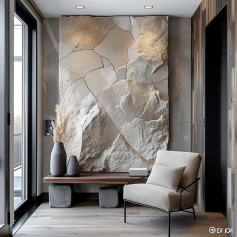 Stone Wall Interior Design Modern, Faux Stone Wallpaper, Rock Interior, Garden Nooks, Art Wall Design, Minimalist Entryway, Stone Feature Wall, Stone Walls Interior, Inspiring Lifestyle