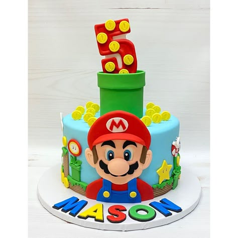 Mario Brother Cake Ideas, Super Mario Cake 1 Tier, Small Super Mario Cake, Super Mario And Luigi Cake, Mario Fondant Cake, Mario Cake Design, Supermario Cakes For Boys, Small Mario Cake, 5 Birthday Cake Boy