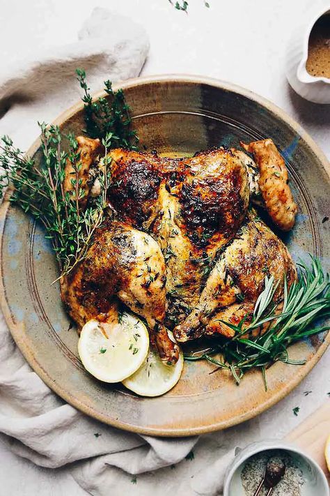 Paleo Roasted Chicken, Roasted Spatchcock Chicken, Simple Roast Chicken, Chicken With Rosemary, Paleo Holiday Recipes, Butterflied Chicken, Roast Chicken Recipe, Keto Holiday Recipes, Lemon Herb Chicken