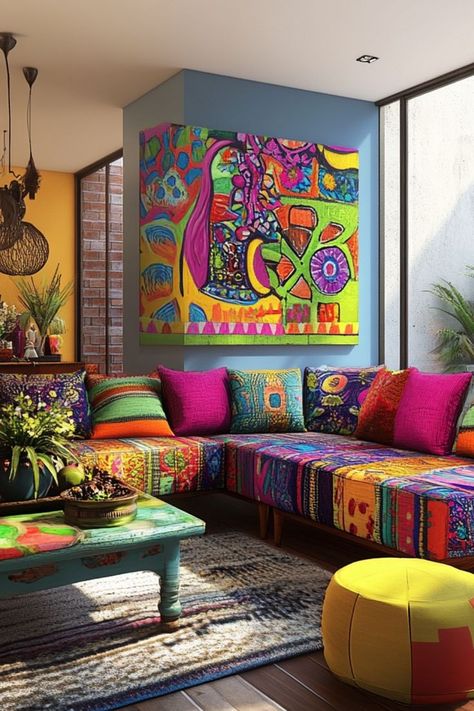 Add a pop of color to your decor for a bold and vibrant space full of personality. #ColorfulDecor #BoldStyle #StatementSpaces Colorful Boho Decor, Pop Decor, Funky Living Rooms, Sofa Makeover, Colorful Rooms, Mural Art Design, Cozy Living Room Design, Colorful Eclectic, Redecorating Ideas