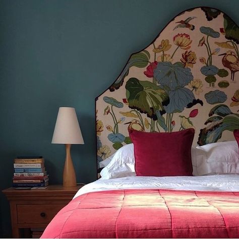 GP & J Baker on Instagram: “GP&J Baker's iconic 'Nympheus' print looks superb on this upholstered headboard against a backdrop of strong, teal blue #regram Thank you…” Teal Headboard, Large Headboard, Bedroom 2024, Old Post Office, Gp&j Baker, Headboard Cover, Build A Home, Decoration Furniture, Bedroom Headboard