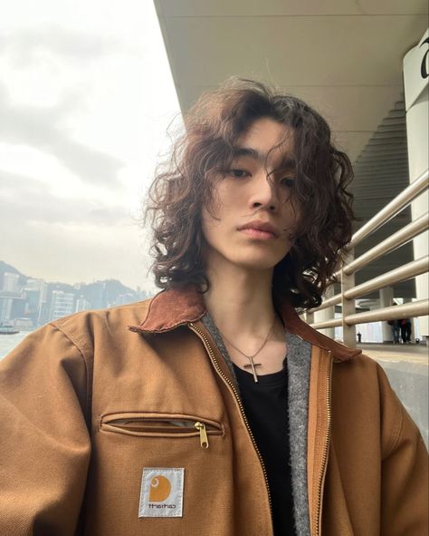 Asian Guy With Curly Hair, Long Hair Guy Face Claim, Curly Hair Asian Guy, Long Dark Haired Men, Dark Brown Male Hair, Male Haircuts For Curly Hair, Male Long Curly Hairstyles, Long Fluffy Hair Men, Man Long Wavy Hair