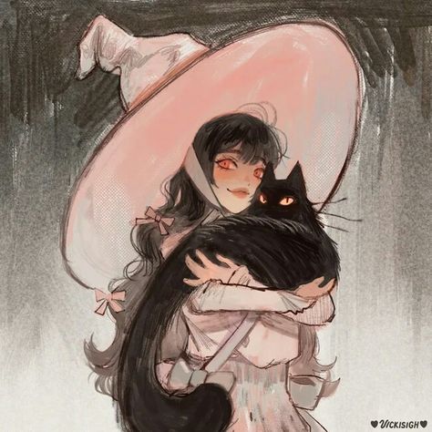 Fluffy Black Cat, Witch Characters, Cat Character, Witch Art, Cute Art Styles, A Witch, Cat Drawing, A Drawing, Pretty Art