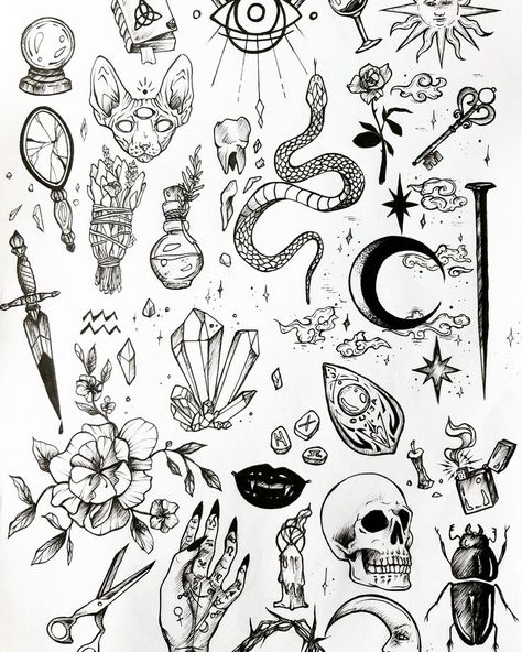 Flash Art Tattoos, Halloween Tattoo Flash, Tato Flash, Goth Tattoo, Kunst Tattoos, 13 Tattoos, Witch Tattoo, Men Tattoos, Flash Tattoo Designs