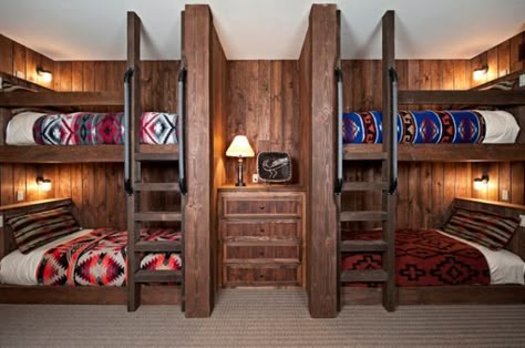 Built In Bunk Bed Ideas | Wooden bunk beds for four separated by a built-in storage cabinet Hunting Lodge Decor, Modern Bunk Beds, Built In Bunks, Bunk Rooms, Cabin Bedroom, Dream Cabin, Bunk Bed Designs, Hunting Cabin, Small Bedrooms