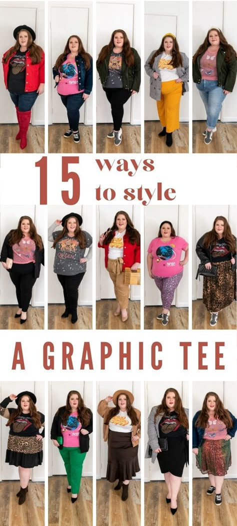 15 ways to style a plus size graphic tee T Shirt With Skirt Outfit Plus Size, Edgy Womens Fashion Plus Size, Size 14w Outfits Curvy Fashion, Dressing Up A Tshirt Plus Size, T Shirt Plus Size Outfit, Size 20 Outfit Ideas, Tshirt Over Dress Plus Size, Plus Size Graphic Tee Outfit Fall, Graphic Tee Dressed Up