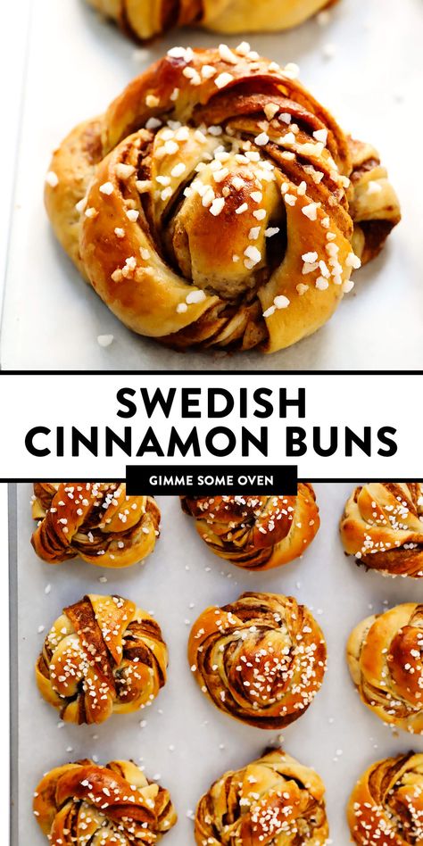 This traditional Swedish kanelbullar (cinnamon buns) recipe is made with a perfectly soft and chewy cardamom dough, a buttery cinnamon-sugar filling, and twisted into cute little knots. Top these rolls with crunchy sweet pearl sugar or any type of sugar that you have on hand! | gimmesomeoven.com #swedish #cinnamon #buns #rolls #breakfast #brunch #sweet #vegetarian #vegan Kanelboller Recipe, Swedish Desserts, Swedish Food Recipes, Swedish Cinnamon Buns, Cinnamon Buns Recipe, Cinnamon Bun Recipe, Cardamom Buns, Swedish Food, Gimme Some Oven