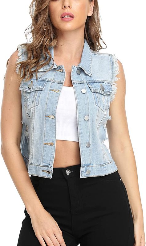 Sleeveless Jacket Outfit, Coated Jeans Outfit, Sleevless Jacket, Crop Denim Vest, Sleeveless Jean Jackets, Womens Denim Vest, Denim Jacket With Hoodie, Vest Jackets, Jacket Outfit Women