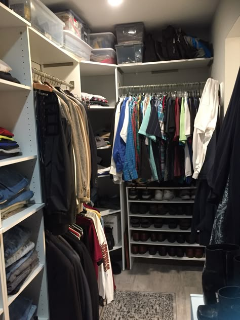 We love our new walk-in closet! The storage is just what we needed! Closet Full Of Clothes Men, Grunge Walk In Closet, Mens Closet Aesthetic, Men Closet Aesthetic, Men Walk In Closet, Mens Wardrobe Closet, Men’s Closet, Teen Boy Closet, Closet Organization Ideas Small Walk In