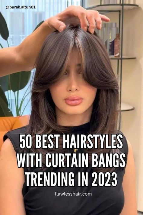 Trendy curtain bangs with layers, a versatile hairstyle for various hair lengths and textures. Old Hollywood Hairstyles, Hollywood Hairstyles, Old Hollywood Hair, Bangs With Medium Hair, Layered Haircut, Long Hair With Bangs, Haircut For Thick Hair, Trending Hairstyles, Haircuts With Bangs