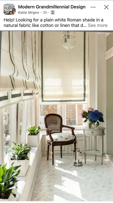 Corner Window Treatments, Bay Window Design, Linen Roman Shades, Relaxed Roman Shade, Hall House, Sheer Shades, Window Treatments Bedroom, Corner Window, Material Things