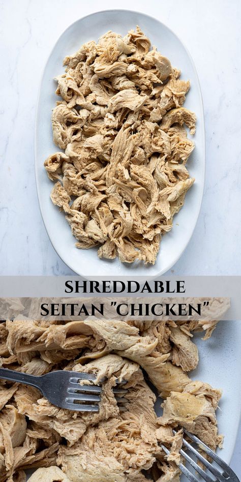 How to make shreddable seitan chicken - this incredible slow cooker vegan chicken-style seitan is shreddable, with a meaty texture and delicious flavour.    It is really versatile - use it in place of chicken in all your favourite recipes. Vegan Chicken Recipes, Seitan Chicken, Slow Cooker Vegan, Vegan Meat Recipe, Vegan Fried Chicken, Seitan Recipes, Vegan Chicken, Meat Substitutes, Hearty Meal