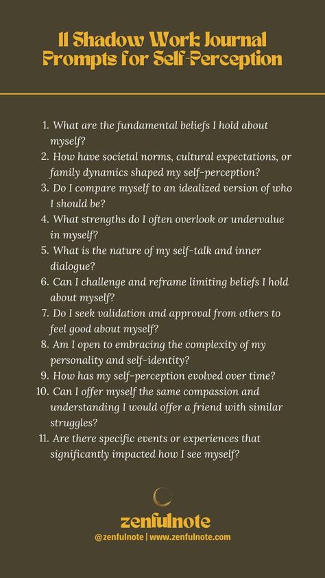 Use these shadow work prompts as a guide to explore and better understand the various facets of your self-perception. Approach this process with openness and self-compassion, allowing yourself room for growth and acceptance. Inner Child Shadow Work, Shadow Work Questions, Shadow Work Spiritual, Shadow Work Prompts, Shadow Work Journal Prompts, Work Journal Prompts, Mindfulness Journal Prompts, Shadow Work Journal, Journal Questions