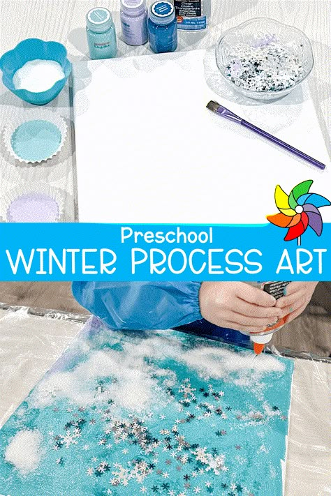 Winter Weather Preschool Crafts, Polar Bear Process Art, Winter Process Art For Preschoolers, Winter Charts For Preschool, Toddler Process Art Winter, Snow Scene Craft For Kids Winter Art, Snow Themed Crafts For Preschoolers, Montessori Winter Crafts, Winter Tree Craft Preschool