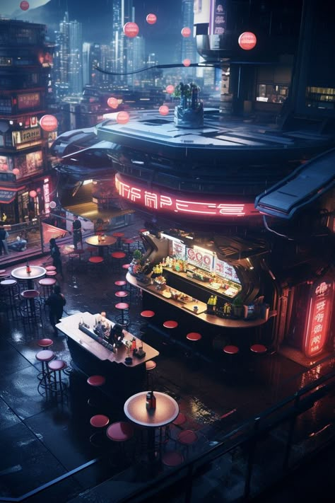 Cyberpunk Restaurant, Cyberpunk Bar, Cyberpunk Dystopia, Cyberpunk World, Concept Vehicles Sci Fi, Neon City, Sci Fi City, Cyberpunk Anime, Cyberpunk City