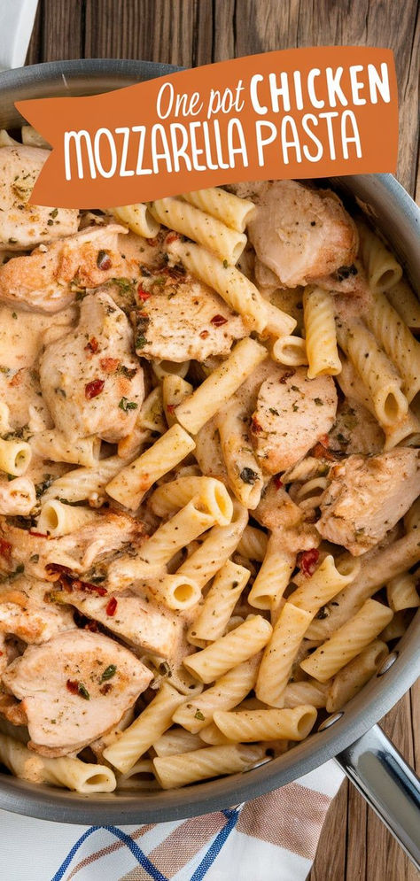 Make dinner a breeze with this One Pot Chicken Mozzarella Pasta! Creamy, cheesy, and full of flavor, this dish features tender chicken and pasta cooked to perfection—all in one pot for easy cleanup. Chicken Pasta Recipes Easy Quick Dinner One Pot Meals, Chicken Peas Pasta, Easy Pasta Recipes Quick, Chicken Mozzarella Pasta, Chicken Mozzarella, Pasta Creamy, Chicken And Pasta, Mozzarella Pasta, Cooked Pasta